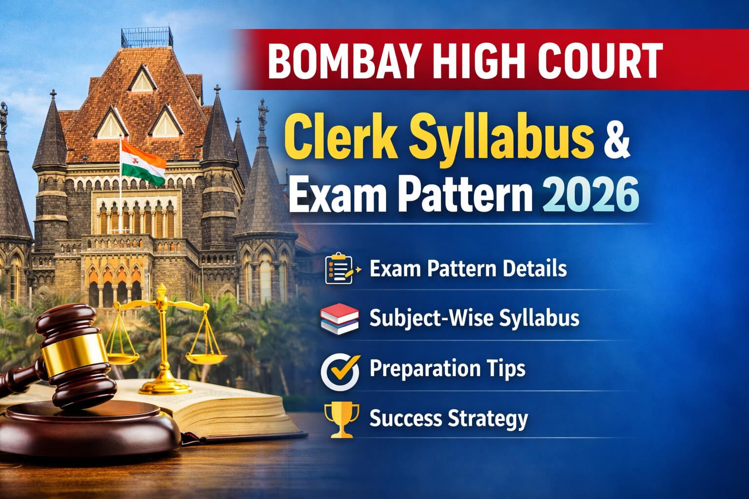 Bombay High Court Clerk Syllabus and Exam Pattern 2026 thumbnail showing Bombay High Court building with exam preparation icons
