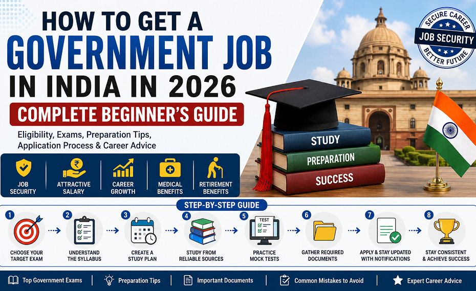Student preparing for government job exams in India with books, official documents, and career guidance for 2026.