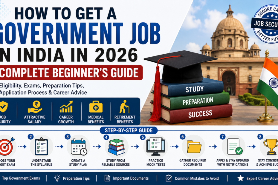 Student preparing for government job exams in India with books, official documents, and career guidance for 2026.