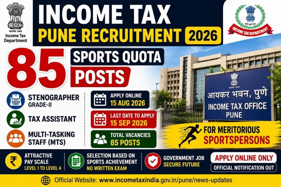 Income Tax Pune Recruitment 2026 – 85 Sports Quota Government Jobs for Stenographer, Tax Assistant and MTS