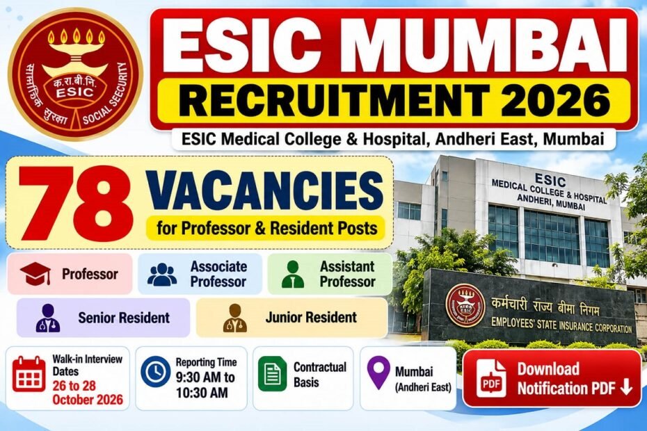 ESIC Mumbai Recruitment 2026 – 78 Vacancies for Professor, Associate Professor, Assistant Professor and Resident Posts